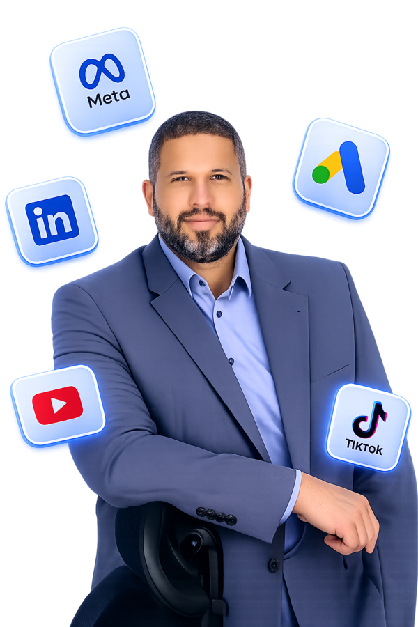 Hamilton Jr, estrategista digital político, ao lado dos logos das plataformas Meta Ads, Google Ads, LinkedIn Ads, YouTube Ads e TikTok Ads